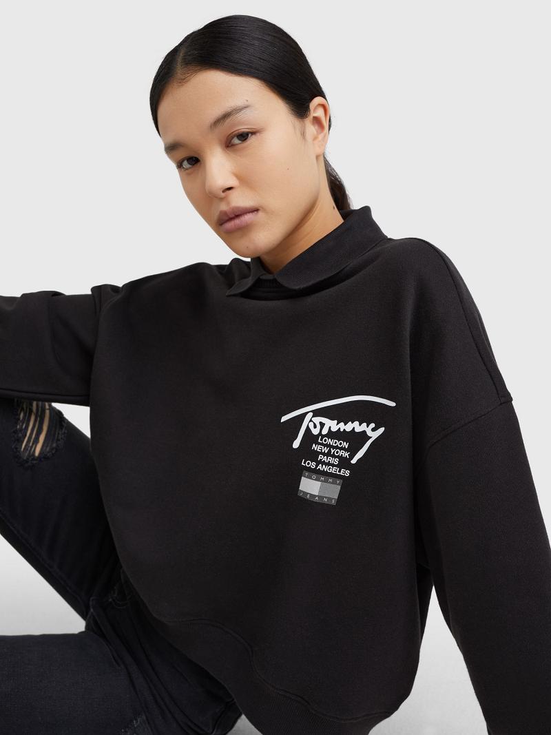 Női Tommy Hilfiger Cropped Signature Pulóverek Fekete | HU 379BEX